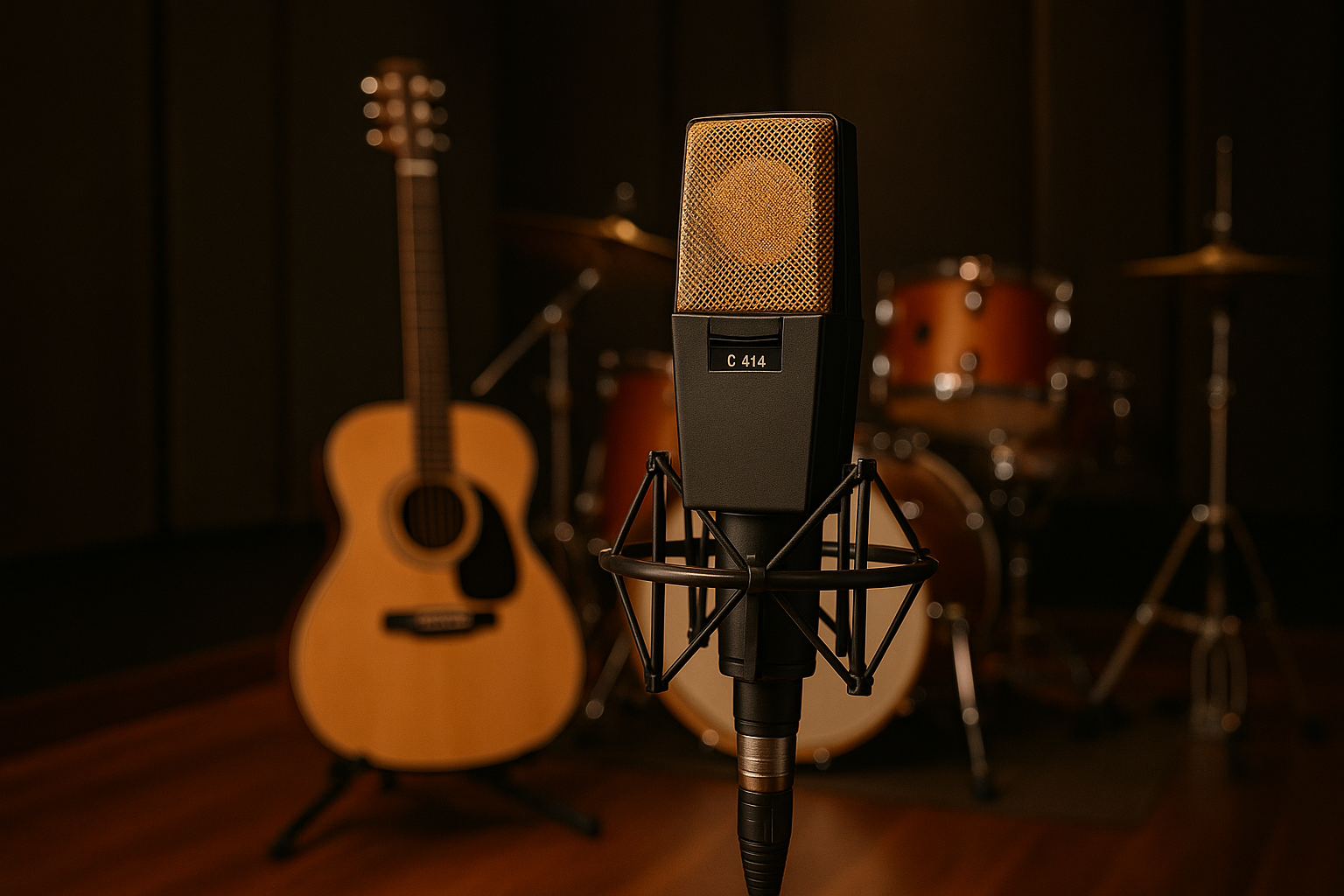 AKG C414 microphone recording acoustic guitar and drum kit in professional studio at Jonty Production House
