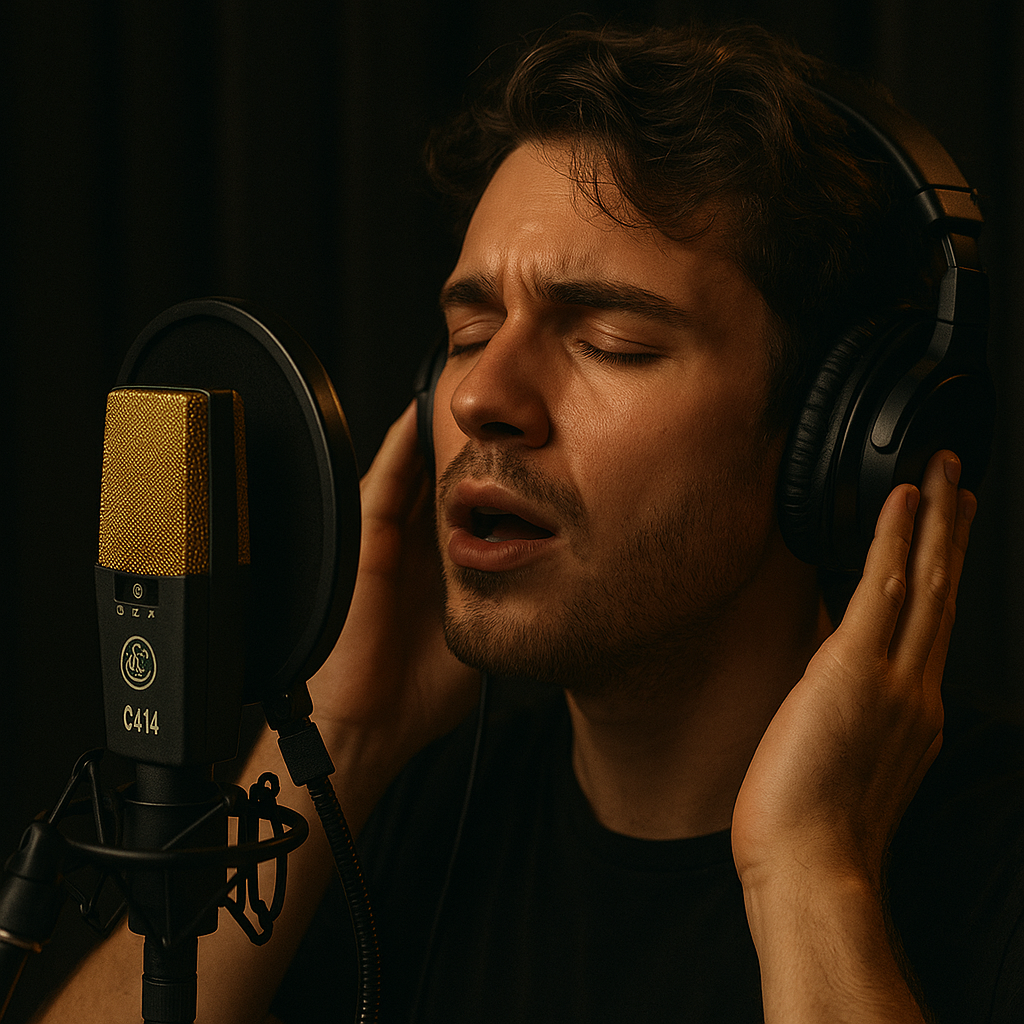 Singer recording vocals with AKG C414 microphone in vocal booth at Jonty Production House